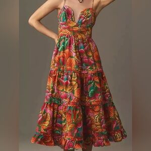 FARM Rio Floral Tiered Cotton Midi Multicolor Dress NWT